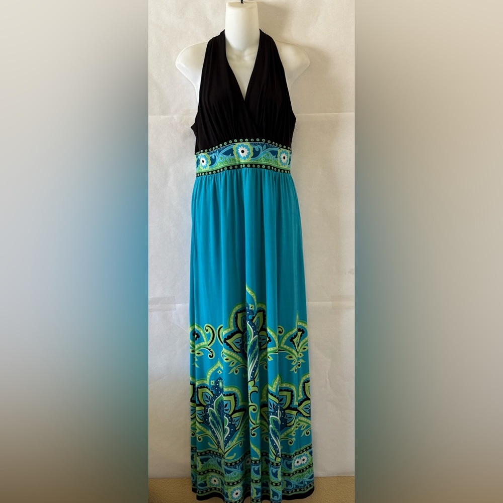 Y2K Blue Black Halter Maxi Dress Size 10 V Neck Boho Beach Resortwear Chic